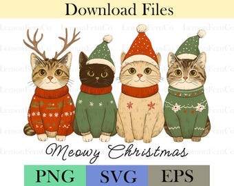 Meowy Christmas Cat PNG: Santa Hat Sublimation Design (Digital Download)