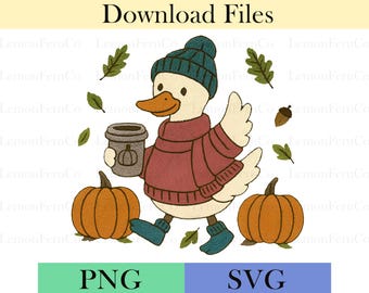 Autumn Goose PNG: Fall Leaves, Pumpkin Design (Digital Download, 4000x4000 px)