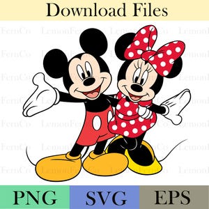 Może przedstawiać: Ilustracja kresk&oacute;wki Myszki Miki i Myszki Minnie. Miki ma na sobie czerwone szorty, ż&oacute;łte buty i białe rękawiczki. Myszka Minnie ma na sobie czerwoną sukienkę w białe grochy, pasującą kokardę i ż&oacute;łte buty. Obraz zawiera tekst "Download Files".