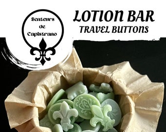 Eucalyptus Fleur-De-Lis Solid Lotion Bar Buttons with Carrying Tin | Travel On-The-Go Buttons | African Shea Butter, Olive Oil | Hand Made