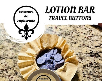 Lavender Fleur-De-Lis Solid Lotion Bar Buttons with Carrying Tin | Travel On-The-Go Buttons | African Shea Butter, Coconut Oil | Hand Made