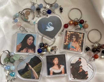 customizable album cover keychains ~ heart and square shaped pendants with beads and charms