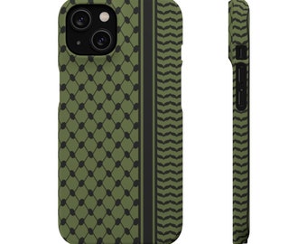 Étui à pression keffieh olive foncé et noir - Une protection élégante pour iPhone et Samsung. Fierté culturelle express, accessoire unique, mat ou brillant