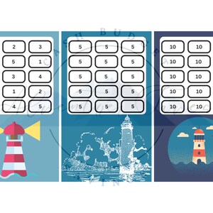 May include: Three printable worksheets with a nautical theme. Each worksheet features a lighthouse illustration and a grid of numbers. The first worksheet has numbers 1-5, the second worksheet has the number 5 repeated 16 times, and the third worksheet has the number 10 repeated 16 times.