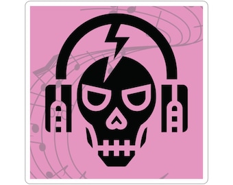 Pegatina troquelada de calavera con auriculares de metalcore rosa y negro