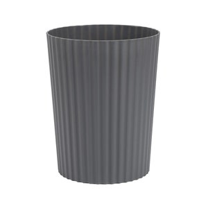 May include: A grey plastic waste bin with a ribbed texture. The bin is cylindrical and has a wide opening.