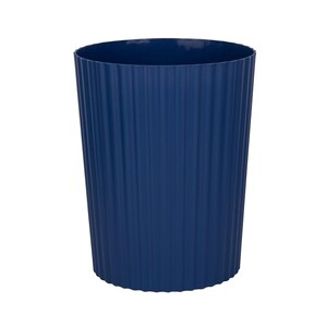 May include: A blue cylindrical waste bin with a ribbed texture.