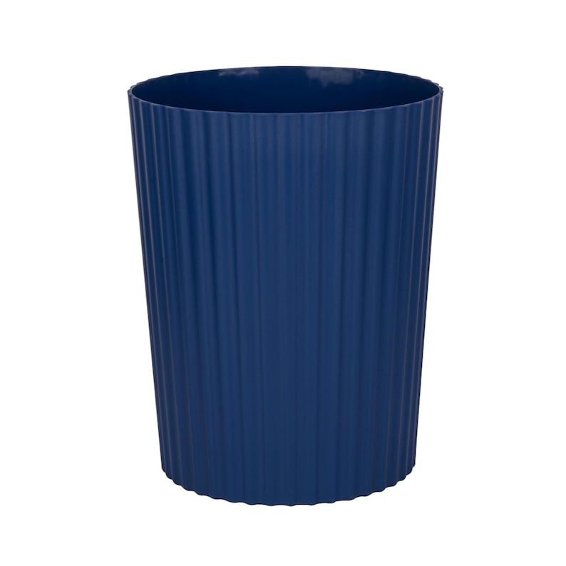 May include: A blue cylindrical waste bin with a ribbed texture.