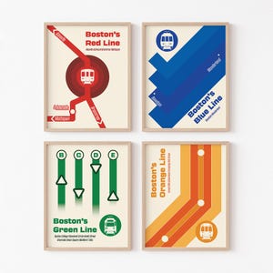 May include: Four minimalist posters with a retro design featuring the Boston subway lines: Red, Blue, Green, and Orange. Each poster includes a stylized map of the line and a train icon.
