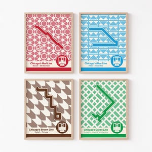 May include: Four framed prints showcasing Chicago's public transit lines: Red, Blue, Brown, and Green. Each print features a line's route in a unique color and pattern, with the line's name and a train icon. The frames are a light wood color.