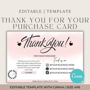 Bearbeitbar in CANVA: Pink Business 'Thank You for Your Einkauf' Karte | Größe 4x6 Karte | Vorlage | Empfohlen für kleine Unternehmen