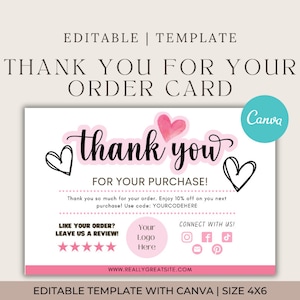 Bearbeitbar in CANVA: Pink Business 'Thank You for Your Order' Karte | Größe 4x6 Karte | Vorlage | Empfohlen für kleine Unternehmen