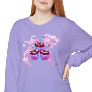 CHERRY COQUETTE Top, Y2k Pink Ribbon LongSleeve Tee, Cherry Retro Rave Comfort Colors Shirt, PINK Bow Berry 90s wear, Soft Girlcore Clothing
