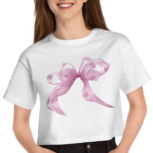 PINK BOW Baby Tee, Soft Girlcore 90s Retro Clothing, Trendy Cropped Tee, Clean Girl Aesthetic, Cute Bows Graphic Coquette Top, y2k baby tee