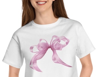 Camiseta para bebê PINK BOW, roupa retrô macia Girlcore anos 90, camiseta recortada da moda, estética de menina limpa, top coquete gráfico com arcos fofos, camiseta para bebê y2k