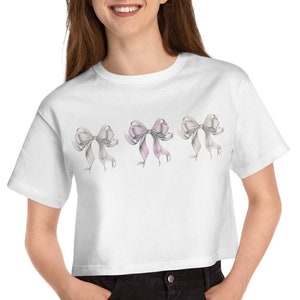 Y2K Coquette Balletcore Pink Bow Baby Tee, Clean Girl Crop Tee, Pretty White and PINK Bow Baby Tees, Gifts for Girlfriends, 90s rave clothes