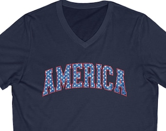 AMERICA V-Neck Tee, Patriotic Stars Shirt, America unisex clothing, Freedom Tops, 4th Of July Shirt, Independence Day Shirt, Summer clothing
