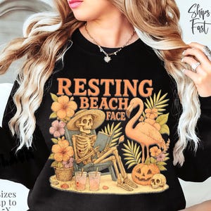 Skeleton Flamingo Summerween Funny Sweatshirt - Beach Lover Gift - Soft Goth Sweater - Tropical Halloween Shirt - Flamingo Floral Sweatshirt