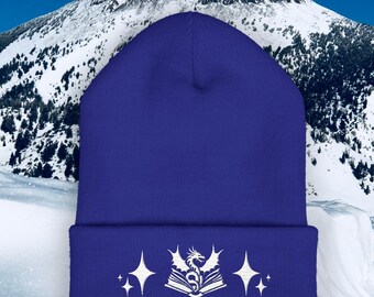 BOOKISH DRAGON EMBROIDERED Unisex Classic Cuff Beanie - Fantasy Reader Gift - Dragon Y2k Winter Hat - Castlecore Aesthetic Embroidery Beanie