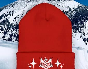 BOOKISH DRAGON EMBROIDERED Unisex Classic Cuff Beanie - Fantasy Reader Gift - Dragon Y2k Winter Hat - Castlecore Aesthetic Embroidery Beanie