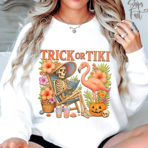 Skeleton Flamingo Summerween Tiki Sweatshirt - Beach Lover Gift - Soft Goth Sweater - Tropical Halloween Shirt - Flamingo Floral Sweatshirt