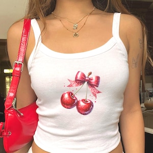 Glittery Coquette Red Bow Cherry Ladies Party Tank Top - Flirty Fruit Shirt - Womens Spaghetti String Crop Tank - Cherries Lover Girly Gift
