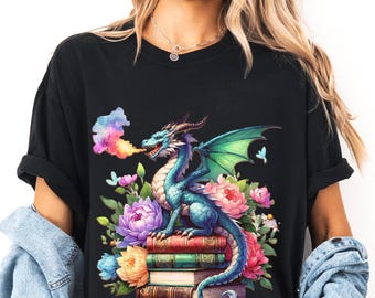Camiseta con colores pastel de dragón, camiseta de fantasía floral literaria