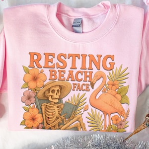 Skeleton Flamingo Summerween Funny Sweatshirt - Beach Lover Gift - Soft Goth Sweater - Tropical Halloween Shirt - Flamingo Floral Sweatshirt