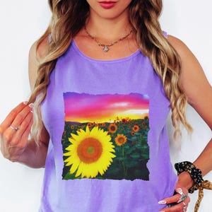 Sun Flowers Sunset Tank Top, Sunflower Gift for Her, Alternative Tank Top, Comfort Colors Flower Shirt, Yellow Flowers Sunset Photo Tank Top