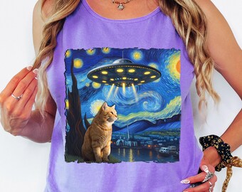 Cute Cat UFO Starry Night Comfort Colors Tank Top, Ginger Cat Clothes, Artsy Paranormal Shirt, Cute Animal Tanktop, GingerCat Shirt, UFO CAT
