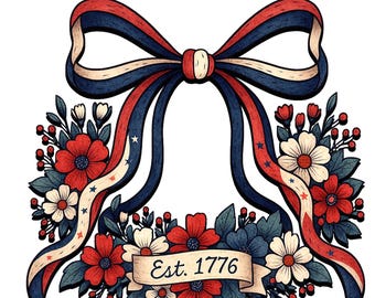 Semiquincentennial Digital Download: Cottagecore Bow & Floral Design - America 250th PNG Est. 1776
