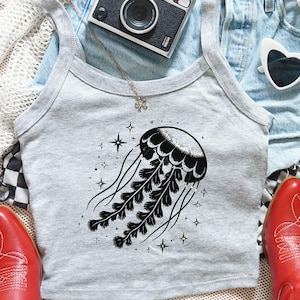 Jellyfish Women&#39;s Spaghetti String Crop Tank Top- Celestial Jellyfish Y2K Bella Canvas Tank - Marine Sea Creature Animal - Ocean Lover Gift