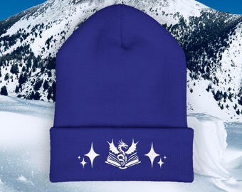 BOOKISH DRAGON EMBROIDERED Unisex Classic Cuff Beanie - Fantasy Reader Gift - Dragon Y2k Winter Hat - Castlecore Aesthetic Embroidery Beanie