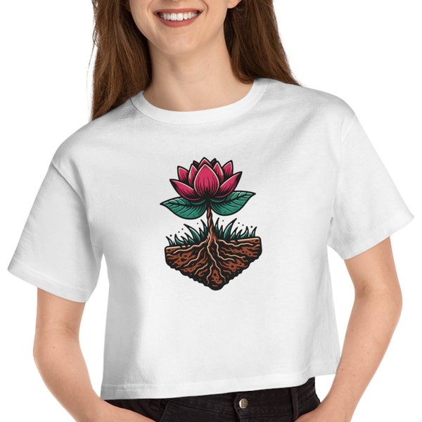 Lotus Flower Y2k Baby Tee, Spiritual Women's Yoga top, Zen Shirt, Grounding Roots Lotus Blossom, Earthing Meditation Gift, Buddhist Gift Tee