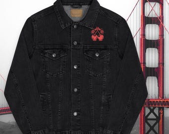 Cherry Embroidered Denim Jacket - Retro Jean Jacket with Red Cherries - Alt Girl Soft Grunge Outerwear - Unisex Classic Fruit Patch Jacket