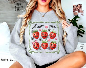 Aardbeien Halloween vleermuizen harten rommelig coquette strikken sweatshirt - aardbei minnaar cadeau - Jack O' Lantern grappige fruittrui - Berry Top