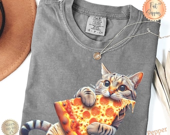 Pode incluir: Camiseta cinza Comfort Colors com um gato malhado segurando uma fatia de pizza. A pizza tem cobertura de pepperoni. A camisa tem gola redonda e mangas curtas. Um colar de prata está na camisa.
