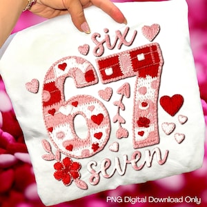 May include: White fabric with the embroidered words "six seven" and the numbers "67" in a patchwork style. The numbers and words are in pink and red, decorated with hearts and flowers. The image is a digital download.