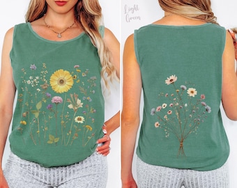 Gepresste Wildblumen Comfort Farbe Tank Top, Vintage Cottagecore Hinten / Vorderseite Wildblumen Print Grafiken, Botanisches Pflanzen Shirt, Geschenk für Frauen