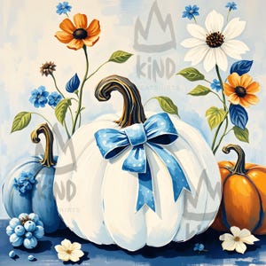 Weißer Kürbis Coquette Blaue Schleife Herbst Blumen JPEG druckbare Wand-Kunst-Dekor - Ernte Floral Scrapbooking Sofortiger Download - Erntedank JPEG