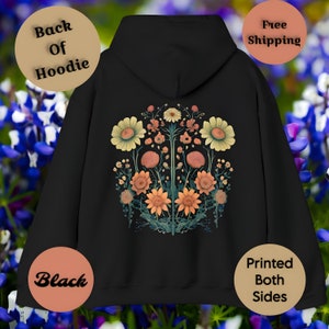 Vintage FLORAL CottageCore FALL Hooded Sweatshirt, Yellow Botanical Flowers Pullover Wildflowers Hoodie, Pressed Floral Print Front and Back