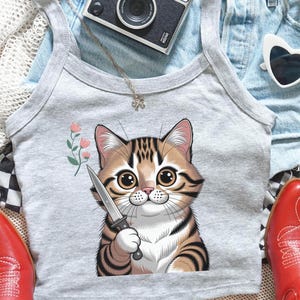 Stabby Tabby Cat Crop Tank Top - Cute Unhinged Kitty with Knife -  Funny Oddity Catcore Shirt - Soft Grunge Tank -  Alt Girl Summer Tank Top