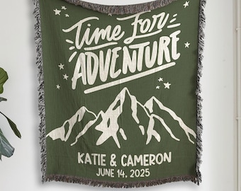 Time For Adventure Woven Blanket, Hiking Couple Gift, Personalized Wedding Blanket, Campsite Blanket, Custom Engagement Gift, Hiker Throws