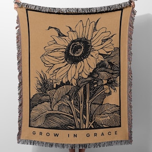 Grow In Grace Woven Blanket, Christian Tapestry, Religious Blanket, Sunflower Woven Throw, Bible Verse Tapestry, Scripture Fringe Blankets