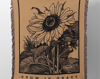 Grow In Grace Woven Blanket, Christian Tapestry, Religious Blanket, Sunflower Woven Throw, Bible Verse Tapestry, Scripture Fringe Blankets