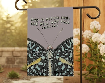 God Is Within Her She Will Not Fall Garden Flag, Christian Garden Flag, Spring Outdoor Decor, Religious Flag, Christian Gift, Butterfly Flag