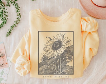 Comfort Colors® Sweatshirt, Grow In Grace Sweatshirt, Christian Sunflower Sweatshirt, Lightweight Spring Sweatshirt, Faith Based Apparel