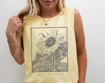 Grow In Grace Tank Top, Comfort Colors® Tank Top, Christian Tank Top, Sunflower Tank, Bible Verse Tank Top, Scripture Tank, Spring Tanks