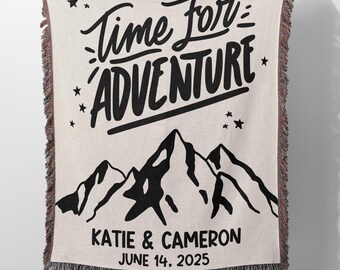 Time For Adventure Woven Blanket, Hiking Couple Gift, Personalized Wedding Blanket, Campsite Blanket, Custom Engagement Gift, Hiker Throws