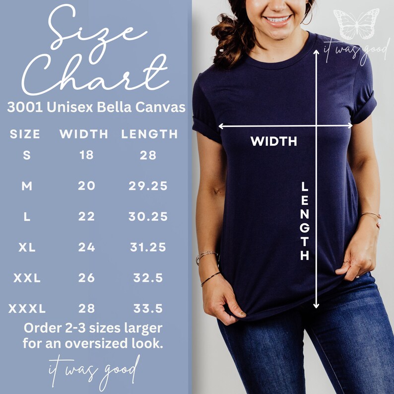 K&ouml;nnte beinhalten: Gr&ouml;&szlig;entabelle f&uuml;r ein Unisex Bella Canvas T-Shirt. Die Tabelle zeigt die Breite und L&auml;nge in Zoll f&uuml;r die Gr&ouml;&szlig;en S, M, L, XL, XXL und XXXL. Der Text lautet "Bestellen Sie 2-3 Gr&ouml;&szlig;en gr&ouml;&szlig;er f&uuml;r einen Oversize-Look."
